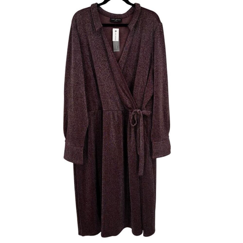 Lane Bryant Lurex Faux-Wrap Collar Midi Dress Deep Cranberry Size 30/32 NWT - Picture 2 of 11